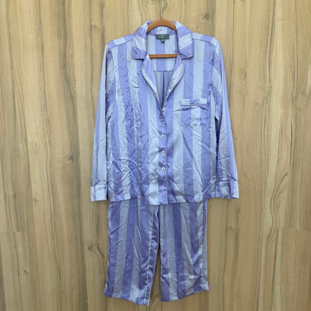 LOFT Womens Pajama Set M Purple Striped Satin Long Sleeve Lounge Sleep Preppy